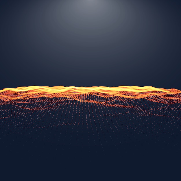 Paisaje digital abstracto con partículas que fluyen y luz superior. ciber o tecnología de fondo.
