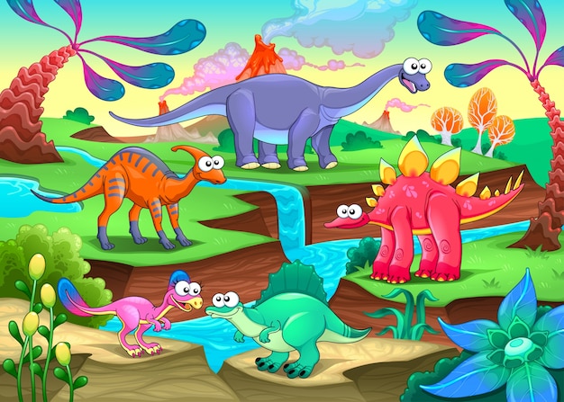 Vector paisaje con dinosaurios de dibujos animados