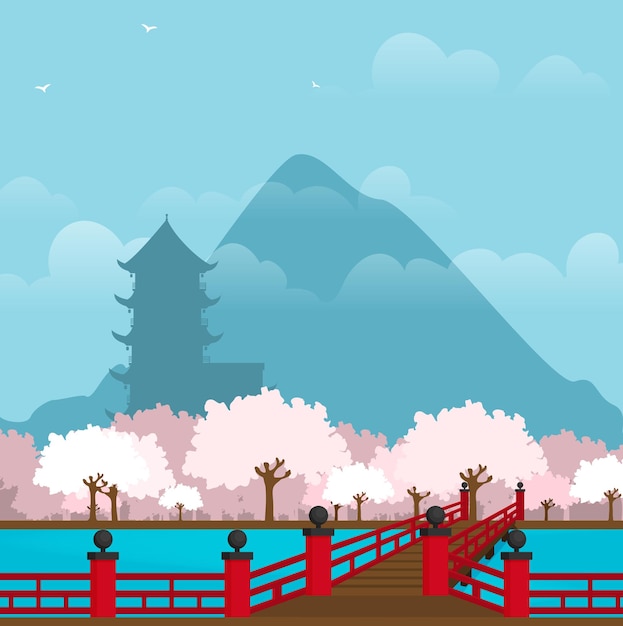 Paisaje de diseño plano del vector de ilustración de Japón