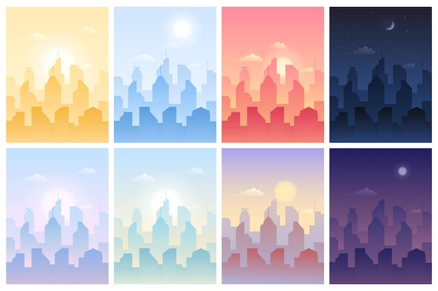 Paisaje diurno con la construcción de la ciudad en diferentes horas del día. Silueta de arquitectura de rascacielos de metrópolis bajo el cielo con sol y luna, bajo la luz del sol y en la ilustración de vector de paisaje de atardecer