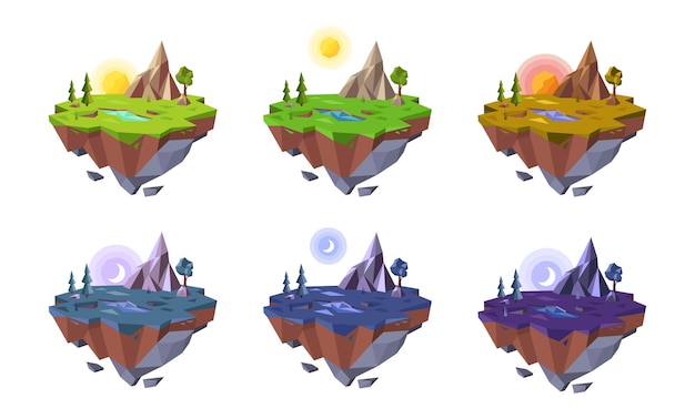 Paisaje diurno poli bajo Progresión del día por la mañana por la noche y por la noche Medios de islas flotantes Conjunto de ilustraciones vectoriales