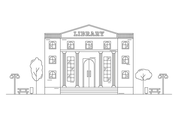 Vector paisaje con un edificio de biblioteca dibujado con curvas de nivel. arte lineal. trazo editable. ilustración vectorial.