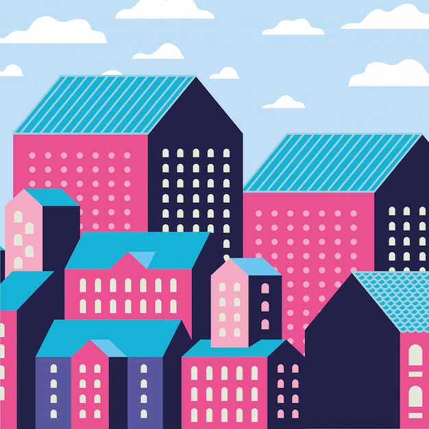 Paisaje de edificios de la ciudad azul y rosa púrpura con diseño de nubes