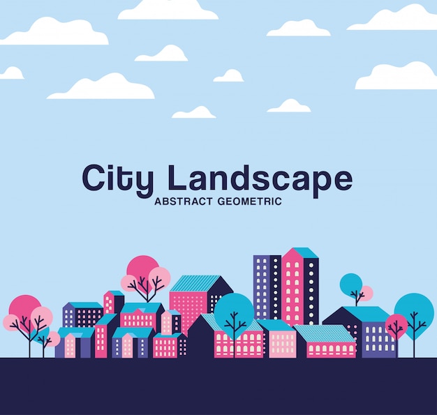 Paisaje de edificios de la ciudad azul y rosa púrpura con nubes y árboles