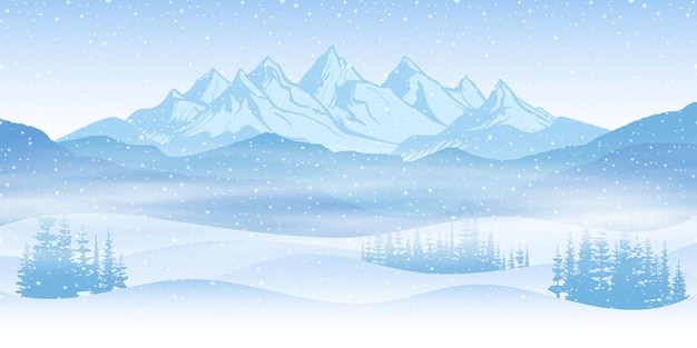 Vector paisaje de ensueño de invierno montañas cubiertas de nieve tormenta de nieve y efecto bokeh ilustración de vacaciones