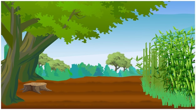 Vector paisaje de la escena del bosque con varios árboles de la selva.