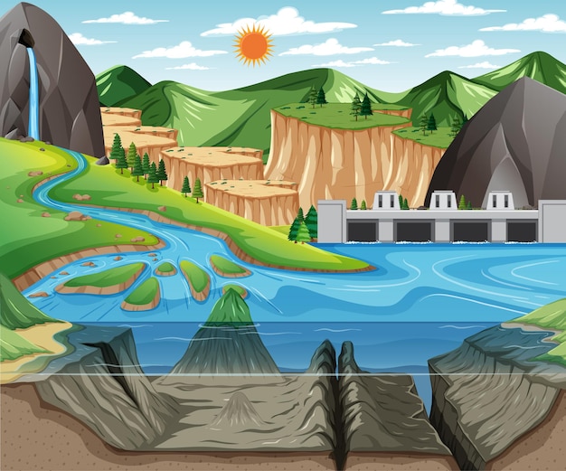 Vector paisaje de escena de la naturaleza con bajo el agua del lago.