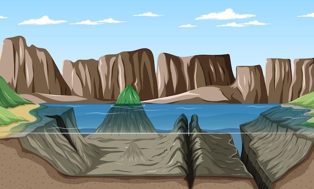 Vector paisaje de la escena de la naturaleza con bajo el agua del lago.