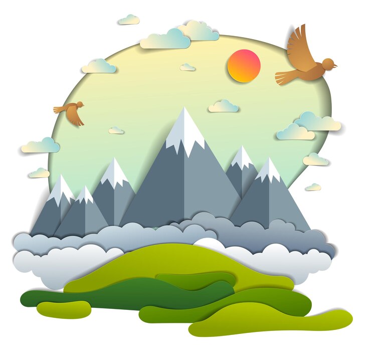 Vector paisaje escénico de la cordillera de los picos de las montañas, cielo nublado con pájaros y sol, ilustración vectorial de verano en estilo infantil cortado en papel. vacaciones de verano, viajes y turismo.