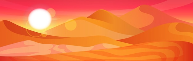 Vector paisaje escénico duna de arena árabe desierto del sáhara de color rojo sangriento vista panorámica de puesta y amanecer vacaciones de verano viajes de vacaciones horizonte de colores amarillo y naranja ilustración vectorial