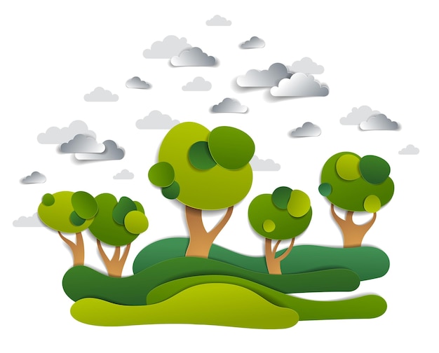 Paisaje escénico de prados y árboles, cielo nublado, campos de verano y pastizales ilustración vectorial en estilo infantil de corte de papel. Vacaciones de verano en el campo, viajes y turismo.