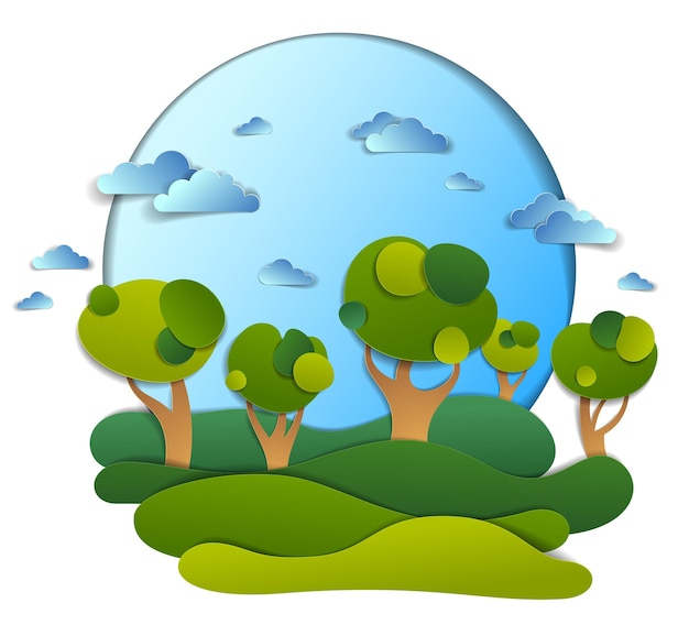 Paisaje escénico de prados y árboles, cielo nublado, campos de verano y pastizales ilustración vectorial en estilo infantil de corte de papel. Vacaciones de verano en el campo, viajes y turismo.