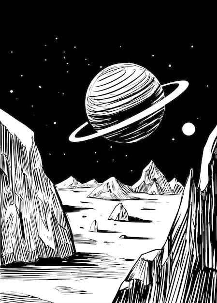 Paisaje espacial. Ilustración de vector de escala de grises. Genial para imprimir