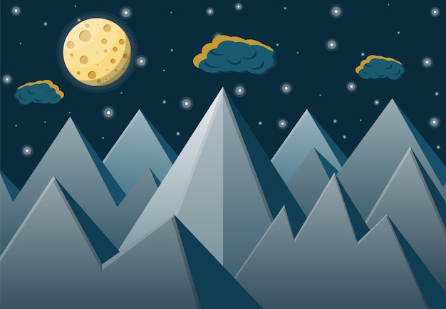 Vector paisaje espacial con montañas y luna llena.