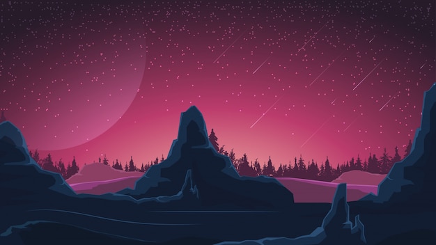 Vector paisaje espacial en tonos morados.