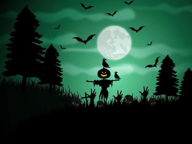 Vector paisaje espeluznante con fondo de noche de halloween