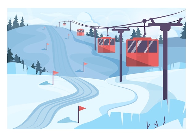 Paisaje de la estación de esquí de invierno. Rutas de esquí y snowboard con telesilla. Colinas nevadas y paisajes forestales. Hermosa naturaleza salvaje en la nieve, diciembre clima helado. Ilustración vectorial plana