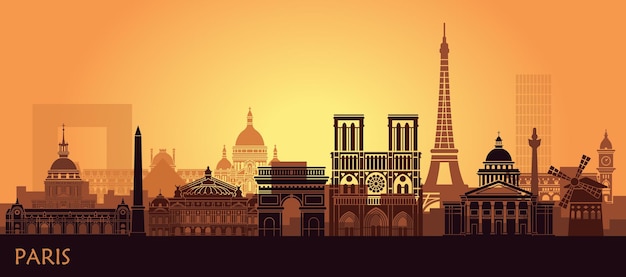 Paisaje estilizado de París con la torre Eiffel arc de Triomphe y la Catedral de Notre Dame y otras atracciones