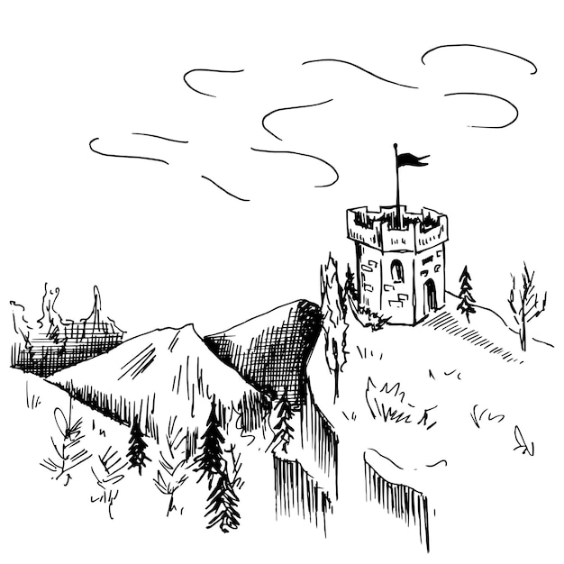 Paisaje en estilo boceto. Torre antigua en la colina. Blanco y negro, ilustración vectorial.