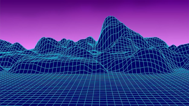 Paisaje de estructura metálica abstracta estilo años 80 Rejilla de vector futurista retro Fondo de neón de tecnología con montañas