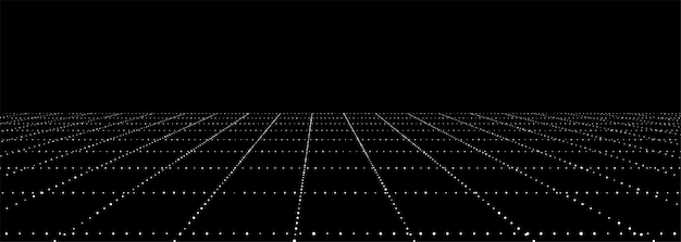 Paisaje de estructura metálica Cuadrícula de perspectiva vectorial Espacio digital Malla verde sobre fondo negro