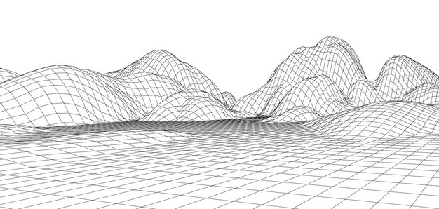 Paisaje de estructura metálica Diseño de paisaje de polígono de terreno de estructura metálica Ciberespacio digital en montañas con valles Ilustración vectorial