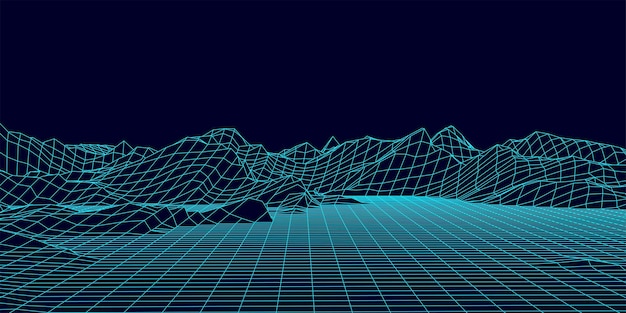 Paisaje de estructura metálica Diseño de paisaje de polígono de terreno de estructura metálica Ciberespacio digital en montañas con valles Ilustración vectorial