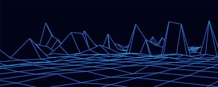 Vector paisaje de estructura metálica de neón digital diseño de paisaje de polígono de terreno de estructura metálica ciberespacio digital en montañas con valles ilustración vectorial