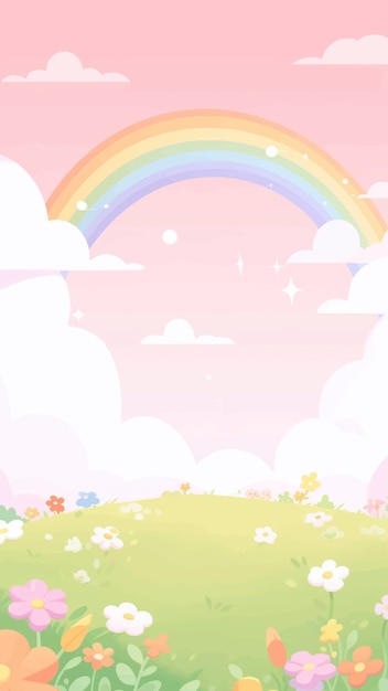Un paisaje exótico con brillantes nubes esponjosas de colores arco iris y flores de colores