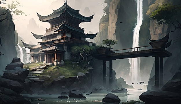 Paisaje de fantasía con antigua pagoda y cascada Pintura digital