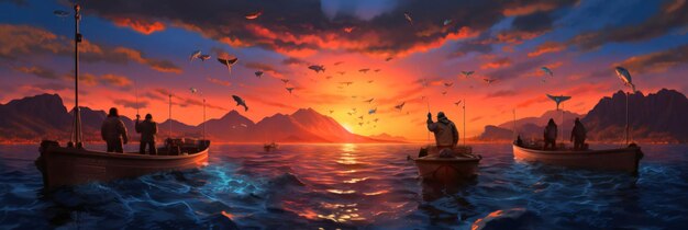 Paisaje de fantasía con barcos de pesca y montañas al atardecer ilustración 3d