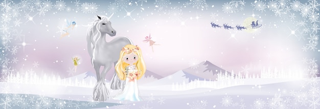 Paisaje de fantasía invernal con linda princesa y unicornio en bosque mágico