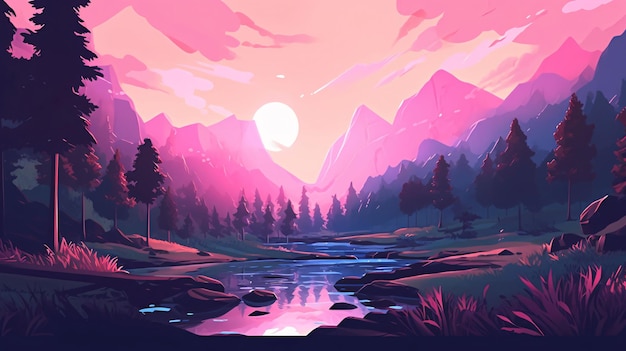 Paisaje de fantasía con río y montañas al atardecer Ilustración vectorial