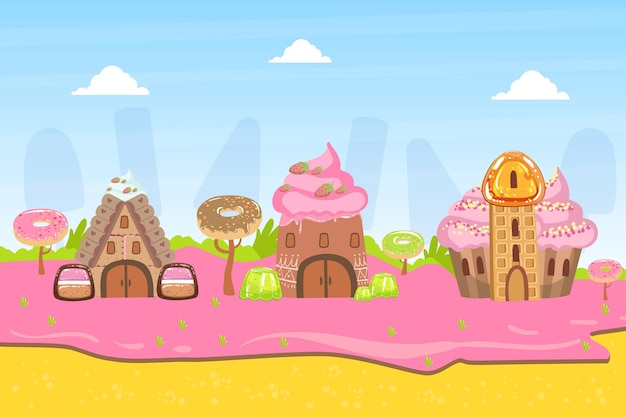 Vector paisaje de fantasía de sweet candy land con ilustraciones vectoriales de postres y dulces