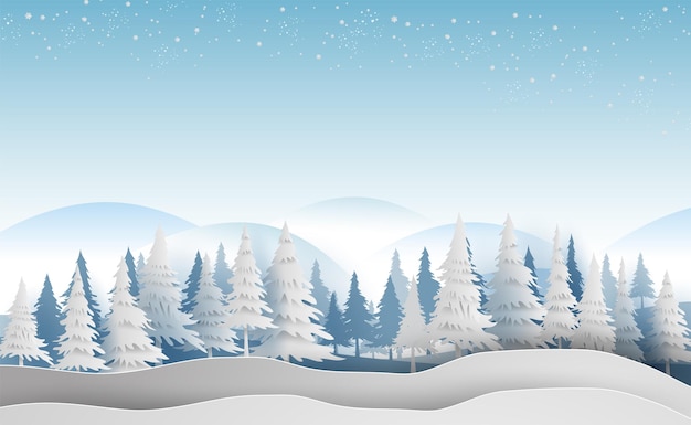 Paisaje Feliz Navidad y Año Nuevo en el paisaje de vacaciones con paisaje de temporada de copos de nieve de invierno de bosque.Arte de papel de diseño creativo y estilo de corte para tarjeta y postal de Navidad Vector Illustration.EPS10