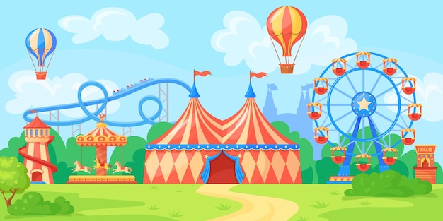 Vector paisaje de feria parque de atracciones panorámico entretenimiento durante el día festival de diversión carnaval circo parque de atracciones carrusel montaña rusa ilustración vectorial de carnaval paisaje de atracciones carrusel divertido