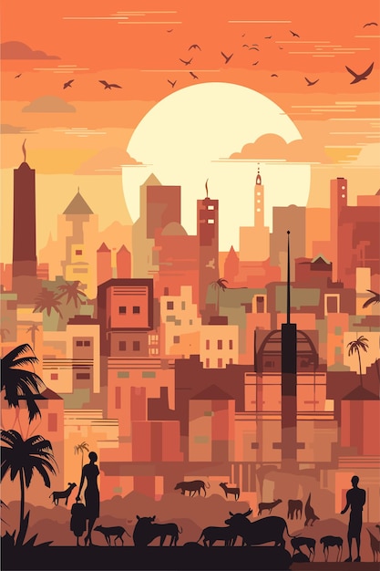 Paisaje ficticio urbano de la ciudad de áfrica en la ilustración plana del vector de la tarde