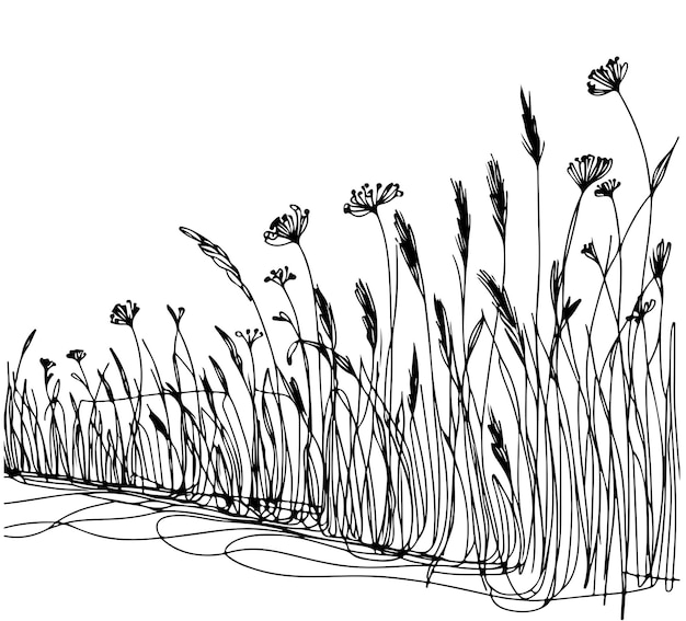 Paisaje con flores Concepto de dibujo de una sola línea Esbozo