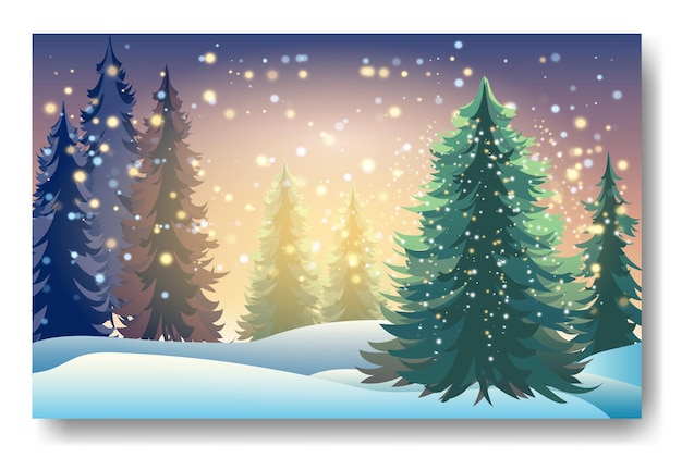 Paisaje de fondo de invierno con abetos y pinos en la nieve Bosque de coníferas estrellas del cielo nocturno Decoración de Navidad Ilustración vectorial