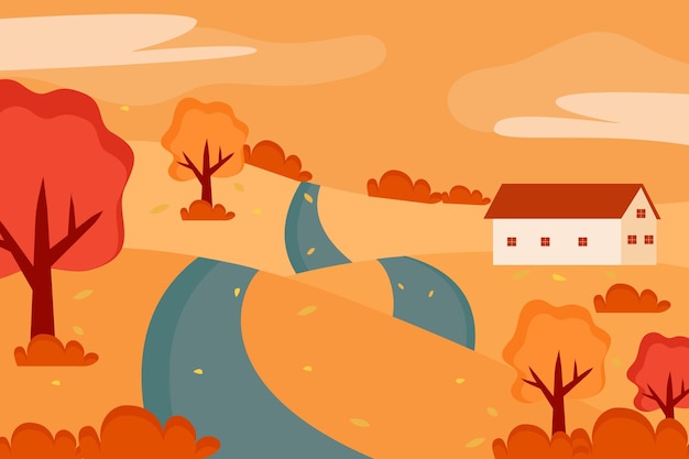 Paisaje de fondo plano de otoño con una casa Ilustración vectorial