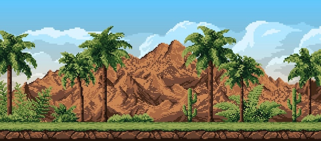 Paisaje forestal de 8 bits y palmeras de montañas