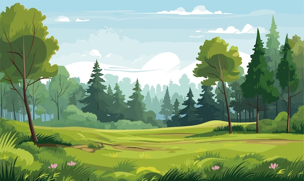 Vector paisaje forestal con hierba y muchos árboles ilustración vectorial inspirada en la naturaleza