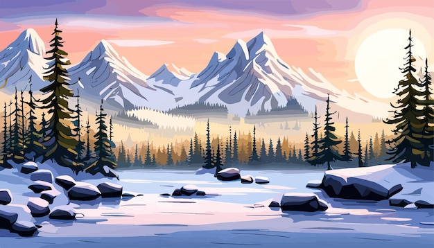 Vector paisaje forestal de invierno telón de fondo navideño pinos árboles de nieve bosques contra montañas vector