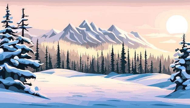 Vector paisaje forestal de invierno telón de fondo navideño pinos árboles de nieve bosques contra montañas vector