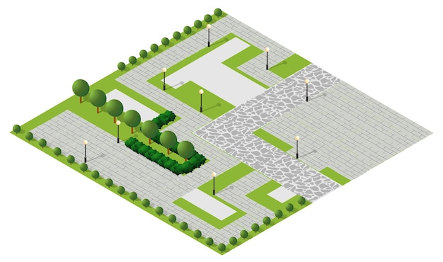 Paisaje forestal natural de ilustración isométrica con hierba de árbol verde
