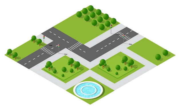 Paisaje forestal natural de ilustración isométrica con hierba de árbol verde