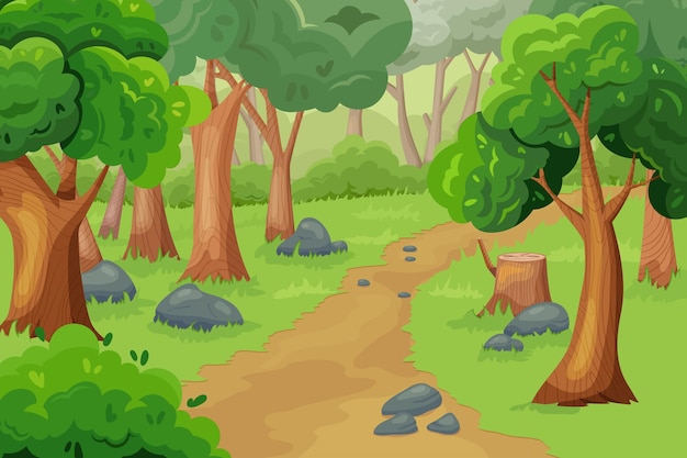 Vector paisaje forestal paisaje de madera natural de dibujos animados con árboles viejos arbustos y hierba fondo de bosque de verano vectorial