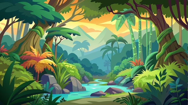 un paisaje forestal con un río y montañas