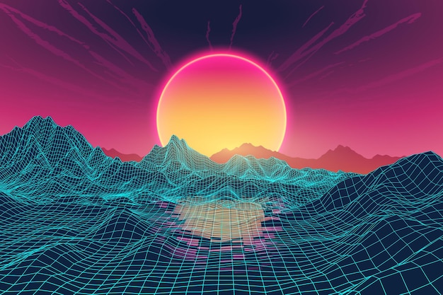 Paisaje futurista retro con montañas de marco de alambre de neón y puesta de sol brillante en colores vibrantes