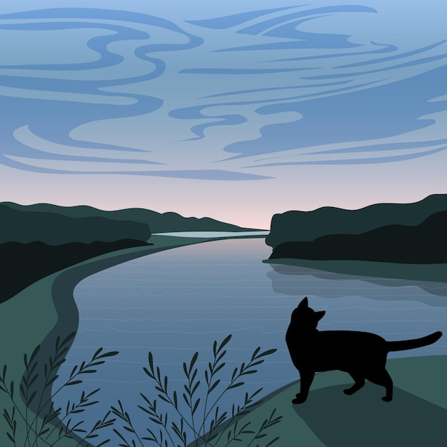 Paisaje con gato en el fondo del parque ilustración vectorial